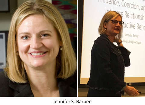 2 pictures of Jennifer Barber, portrait and as lecturer